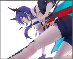 Rule 34 | 1girl, arknights, blue hair, brown eyes, ch&#039;en (arknights), closed mouth, earpiece, gloves, holding, holding sword, holding weapon, horns, long hair, looking at viewer, looking back, name tag, scal2let, shirt, shorts, simple background, single glove, solo, sword, unfinished, weapon, white background