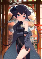 Rule 34 | 1girl, absurdres, black dress, black gloves, black hair, blue archive, blue eyes, blush, butterfly hair ornament, china dress, chinese clothes, closed mouth, coat, commentary, double bun, dragon print, dress, gloves, grey coat, hair bun, hair ornament, halo, hand on own arm, highres, kisaki (blue archive), long hair, looking at viewer, off shoulder, pelvic curtain, pinstripe pattern, print dress, single bare shoulder, sleeveless, sleeveless dress, solo, spice mega, striped, striped coat, twintails, vertical-striped coat