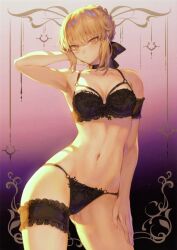 Rule 34 | 1girl, absurdres, artoria pendragon (all), artoria pendragon (fate), bare shoulders, blonde hair, bow, bra, braid, breasts, choker, closed mouth, collarbone, fate/grand order, fate (series), french braid, frills, garter straps, gradient background, hair bow, hair ornament, hand up, highres, lingerie, looking at viewer, mashuu (neko no oyashiro), medium breasts, navel, panties, saber alter, scan, sidelocks, simple background, solo, stomach, thighs, underwear, underwear only, yellow eyes