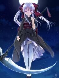 Rule 34 | 1girl, black kimono, blue eyes, blush, chaamii, closed mouth, commentary request, expressionless, fingernails, floating hair, frilled ribbon, frills, full body, full moon, glowing, glowing eyes, hair between eyes, hair ribbon, hand up, highres, holding, holding scythe, japanese clothes, kimono, kohaku (shinikiss), long hair, long sleeves, looking at viewer, moon, night, night sky, open mouth, red ribbon, red sash, ribbon, sash, scythe, shinigami, shinigami no kiss wa wakare no aji, sidelocks, signature, sky, solo, standing, star (sky), starry sky, thighhighs, twintails, white hair, white thighhighs, wide sleeves