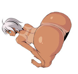 Rule 34 | 1girl, ass, bad id, bad pixiv id, bent over, blue eyes, blush, breasts, foreshortening, full body, huge ass, large breasts, ninomae ichijiku, nude, one-piece tan, pussy, short hair, sideways mouth, simple background, smile, solo, stretching, tan, tanline, uncensored, white background, white hair, yama ji