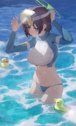 Rule 34 | 1girl, absurdres, bikini, bikini bottom only, blue archive, blue eyes, blush, breasts, dingding (chongsangjun), goggles, goggles on head, halo, highres, large breasts, navel, official alternate costume, purple hair, rash guard, rubber duck, saki (blue archive), saki (swimsuit) (blue archive), short hair, solo, stomach, swimsuit, wading, water, wet