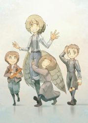 Rule 34 | 2boys, 2girls, asterisk kome, bird tail, bird wings, blue pants, brown hair, brown jacket, brown robe, child, commentary request, height difference, highres, hug, jacket, low wings, multiple boys, multiple girls, nora allison, pants, ponytail, robe, short hair, simple background, standing, suspenders, tagme, tail, white background, winged fusiliers, wings