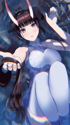 Rule 34 | 1girl, afloat, azur lane, black hair, blue dress, breasts, china dress, chinese clothes, clothing cutout, coat, dress, from above, fur shawl, hair flowing over, hair ornament, halter dress, halterneck, highres, horns, lips, looking at viewer, marumai, noshiro (azur lane), noshiro (fragrance of the eastern snow) (azur lane), official alternate costume, oni horns, open mouth, partially submerged, purple eyes, shawl, side cutout, sleeveless, sleeveless dress, snowflake print, solo, thighhighs, water, wet, white coat, white thighhighs