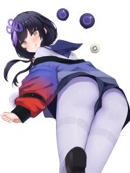 Rule 34 | 1girl, :q, ass, ass focus, black hair, blush, grey eyes, highres, jacket, jacket partially removed, looking at viewer, looking back, low twintails, nijisanji, pantyhose, ponto nei, rocha (aloha ro cha), sailor collar, shorts, simple background, solo, tongue, tongue out, twintails, virtual youtuber, white background