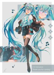 Rule 34 | 1girl, :d, beamed sixteenth notes, black footwear, black jacket, black shorts, blue-framed eyewear, blue eyes, blue hair, blue nails, boots, closed mouth, commentary request, eighth note, english text, frilled shorts, frills, grey background, hatsune miku, highres, jacket, long hair, long sleeves, multiple views, musical note, nail polish, off shoulder, open clothes, open jacket, open mouth, pink-tinted eyewear, puffy long sleeves, puffy sleeves, quarter note, round eyewear, saihate (d3), shirt, short shorts, shorts, sleeves past wrists, smile, standing, standing on one leg, sunglasses, thank you, thigh boots, tinted eyewear, twintails, very long hair, vocaloid, white shirt