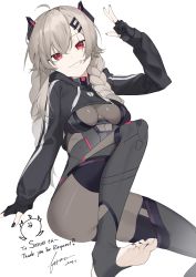 Rule 34 | 1girl, absurdres, ahoge, black gloves, bodysuit, braid, breasts, breasts apart, commission, cropped hoodie, dated, english text, fataaa, gloves, grey hair, grin, highres, hood, hoodie, horns, impossible clothes, indie virtual youtuber, long hair, looking at viewer, medium breasts, open mouth, partially fingerless gloves, red eyes, saruei (vtuber), scar, scar across eye, signature, simple background, single braid, sitting, skeb commission, smile, solo, teeth, toeless legwear, virtual youtuber, w, white background
