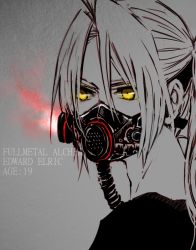 Rule 34 | 1boy, bad id, bad pixiv id, character name, copyright name, edward elric, fullmetal alchemist, gas mask, long hair, male focus, mask, monochrome, ponytail, respirator, solo, spot color, yellow eyes