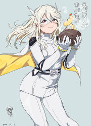 Rule 34 | 1girl, absurdres, black jacket, blonde hair, blush, breasts, cape, cup, dated, elbow gloves, eye mask, food, gloves, grey background, hair ornament, highres, holding, holding cup, jacket, large breasts, long hair, momijiyama mei, shy (series), simple background, smile, solo focus, takatisakana, translation request, two-tone cape, white cape, white gloves, yellow cape