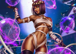 Rule 34 | 1girl, abs, alternate costume, armpits, aura, bandages, breasts, breasts apart, cleavage, crystal ball, dandon fuga, dark-skinned female, dark skin, energy ball, fingerless gloves, gloves, looking at viewer, menat, navel, purple hair, short hair, smile, solo, stomach, street fighter, street fighter v, thighhighs, toned, underboob