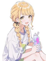 Rule 34 | 1girl, agata (agatha), bare legs, blonde hair, blush, bottle, fang, feet out of frame, gakuen idolmaster, hair ribbon, highres, holding, holding bottle, idolmaster, knees up, long hair, looking at viewer, ribbon, shirt, short sleeves, simple background, sitting, solo, sweat, twintails, white background, white shirt