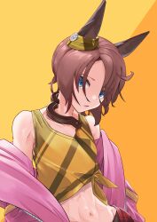 Rule 34 | 1girl, absurdres, akari-taishin, animal ears, bare shoulders, blue eyes, brown hair, commentary request, eyes visible through hair, groin, hair over eyes, highres, horse ears, jacket, looking at viewer, narita taishin (umamusume), navel, off shoulder, open clothes, open jacket, orange background, parted bangs, parted lips, pink jacket, short hair, solo, tank top, two-tone background, umamusume, yellow background, yellow tank top