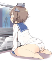 Rule 34 | 10s, 1girl, ass, barefoot, brown eyes, brown hair, cobra (space adventure cobra), dress, full body, kantai collection, mikage sekizai, no pants, open mouth, panties, sailor dress, seiza, short hair, simple background, sitting, sleeves past wrists, solo, space adventure cobra, television, underwear, wariza, white background, white panties, yukikaze (kancolle)