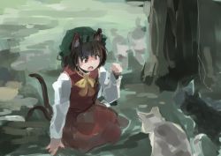 Rule 34 | 1girl, animal ears, brown eyes, brown hair, cat, cat ears, cat tail, chen, dress, hat, ichiba youichi, long sleeves, mob cap, multiple tails, nekomata, open mouth, red dress, shirt, sitting, solo, tail, too many, too many cats, touhou, tree