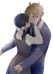 Rule 34 | 1boy, 1girl, ahoge, artist name, black hair, blue dress, blue pants, blue sweater, blush, brown eyes, brown hair, couple, dated, dress, face-to-face, hair ornament, hand on another&#039;s face, hetero, imminent kiss, kitashirakawa tamako, long hair, long sleeves, low twintails, momose (oqo), necktie, ooji mochizou, open mouth, pants, pinafore dress, school uniform, shirt, simple background, sleeveless dress, sleeves past wrists, sweater, tamako market, twintails, white background, white shirt