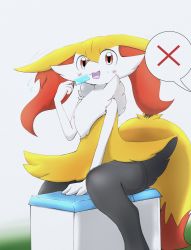 Rule 34 | 1girl, :3, animal ear fluff, animal ears, animal nose, between legs, black fur, blush, braixen, cooler, creatures (company), ears down, eating, female focus, flat chest, flying sweatdrops, food, fox ears, fox girl, fox tail, furry, furry female, game freak, gen 6 pokemon, hand between legs, hand up, highres, holding, holding food, ibutsu, looking at viewer, multicolored fur, neck fur, nervous smile, nintendo, open mouth, pokemon, pokemon (creature), popsicle, red eyes, simple background, sitting, smile, snout, solo, speech bubble, spoken x, straddling, sweat, tail, white background, white fur, yellow fur