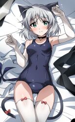Rule 34 | 1girl, absurdres, animal ears, black one-piece swimsuit, breasts, cat ears, cat tail, unworn clothes, commission, cowboy shot, gloves, gluteal fold, green eyes, grey hair, highres, lying, old school swimsuit, one-piece swimsuit, sanya v. litvyak, school swimsuit, short hair, skeb commission, small breasts, solo, strike witches, swimsuit, tail, thighhighs, tokiani, white gloves, white thighhighs, world witches series