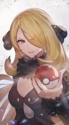 Rule 34 | 1girl, absurdres, blonde hair, breasts, cleavage, coat, commentary request, creatures (company), cynthia (pokemon), eyelashes, fur-trimmed coat, fur collar, fur trim, game freak, hair ornament, hair over one eye, hand up, highres, holding, holding poke ball, long hair, long sleeves, looking at viewer, nintendo, odd (hin yari), poke ball, poke ball (basic), pokemon, pokemon dppt, smile, solo, upper body, white background