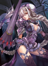 Rule 34 | 1girl, armor, braid, breasts, cleavage, contrapposto, cowboy shot, gauntlets, hair ornament, highres, lance, land of caromag, large breasts, long hair, monogo, original, parted lips, pauldrons, polearm, ponytail, red eyes, shoulder armor, silver hair, single braid, solo, standing, very long hair, weapon