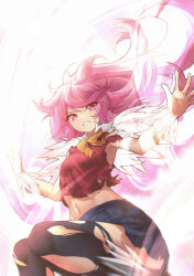 Rule 34 | 1girl, absurdres, alternate eye color, alternate hair color, black thighhighs, blue skirt, bow, bowtie, commentary, fairy tail, highres, long hair, looking at viewer, midriff, miniskirt, navel, official alternate costume, pink eyes, pink hair, pleated skirt, red shirt, shirt, skirt, solo, stomach, thighhighs, torn clothes, torn shirt, torn thighhighs, van.elv, very long hair, wendy marvell, yellow bow, yellow bowtie