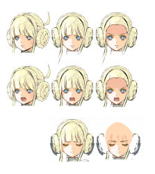 Rule 34 | bald, bald girl, blonde hair, blue eyes, bright pupils, closed eyes, closed mouth, double bun, doughnut hair bun, expressionless, expressions, godz order, hair bun, head only, highres, light smile, looking at viewer, multiple views, official art, open mouth, sidelocks, simple background, straight-on, v-shaped eyebrows, white background, white pupils, yasuda akira, yuri godbuster