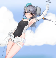 Rule 34 | 1girl, absurdres, aqua hat, arm up, black one-piece swimsuit, black ribbon, blue sky, cloud, competition swimsuit, cowboy shot, dated, day, garrison cap, gloves, grey eyes, grey hair, hair ornament, hair ribbon, hat, highleg, highleg swimsuit, highres, kantai collection, long hair, maru (marg0613), one-piece swimsuit, outdoors, ribbon, scamp (kancolle), short shorts, shorts, side ponytail, sky, solo, star (symbol), star hair ornament, string, swimsuit, twitter username, white gloves, white shorts
