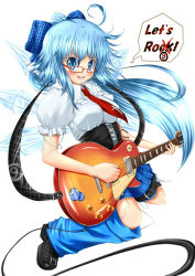 Rule 34 | circled 9, 1girl, ahoge, alternate hairstyle, bad id, bad pixiv id, bespectacled, blue eyes, blue hair, blush, bow, breasts, cirno, detached pants, english text, female focus, glasses, guitar, instrument, kantarou (nurumayutei), leg warmers, long hair, matching hair/eyes, necktie, open mouth, plaid, plaid skirt, pleated skirt, skirt, solo, touhou, wings