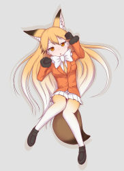 Rule 34 | 10s, 1girl, animal ears, blush, bow, bowtie, commentary request, elbow gloves, ezo red fox (kemono friends), fox ears, fox tail, full body, fur trim, gloves, gradient hair, gradient legwear, highres, jacket, kemono friends, loafers, long hair, long sleeves, lying, mugisepa, multicolored clothes, multicolored hair, multicolored legwear, necktie, on back, orange hair, orange pantyhose, pantyhose, paw pose, pleated skirt, shoes, skirt, solo, tail, white hair, white pantyhose