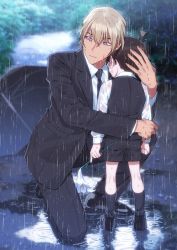 Rule 34 | 2boys, amuro tooru, black-framed eyewear, black footwear, black jacket, black neckwear, black pants, black shorts, black socks, black suit, black umbrella, black vest, blonde hair, blue eyes, blurry, brown hair, child, closed mouth, collared shirt, commentary request, depth of field, dripping, edogawa conan, facing away, flower, formal, from behind, glasses, hair between eyes, hand on another&#039;s head, height difference, highres, holding, holding flower, hug, jacket, k (gear labo), lily (flower), long sleeves, looking away, looking to the side, male focus, meitantei conan, multiple boys, necktie, on one knee, open clothes, open jacket, outdoors, pants, plant, puddle, rain, shirt, shoes, short hair, shorts, socks, standing, suit, umbrella, vest, water, water drop, wet, wet clothes, wet hair, white flower, white shirt