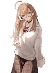 Rule 34 | 1girl, :o, ahoge, berry, black choker, brown eyes, brown hair, brown hoodie, brown skirt, choker, crossed bangs, double-parted bangs, earrings, food-themed earrings, glasses, head tilt, hololive, hololive english, hood, hoodie, jewelry, long skirt, looking at viewer, malvar, multicolored hair, nanashi mumei, nanashi mumei (casual), necklace, official alternate costume, open mouth, oversized clothes, plaid, plaid skirt, pleated skirt, red skirt, round eyewear, skirt, sleeves past wrists, streaked hair, sweater, virtual youtuber, white sweater, wide sleeves