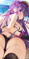 Rule 34 | 1girl, :o, ass, bare shoulders, bb (fate), bb (fate) (all), bb (swimsuit mooncancer) (fate), bb (swimsuit mooncancer) (second ascension) (fate), beach, bikini, black gloves, black thighhighs, blush, breasts, day, dya, fate/grand order, fate (series), from behind, gaou (umaiyo puyoman), gloves, hair ribbon, highres, large breasts, long hair, looking at viewer, looking back, ocean, outdoors, purple bikini, purple eyes, purple hair, ribbon, sideboob, solo, star (symbol), swimsuit, thighhighs, very long hair, wet