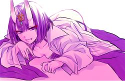 Rule 34 | 1girl, ass, collared shirt, fang, fang out, fate/grand order, fate (series), hair ornament, hizuki aya, horns, long sleeves, looking at viewer, lying, on stomach, oni, open clothes, open shirt, purple eyes, purple hair, shirt, short hair, shuten douji (fate), skin-covered horns, solo