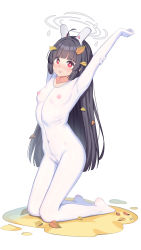 Rule 34 | 1girl, absurdres, animal ears, black hair, blue archive, bodysuit, breasts, fake animal ears, full body, halo, highres, kneeling, leaf, leaf on head, long hair, miyu (blue archive), nipples, open mouth, rabbit ears, red eyes, see-through, small breasts, stretching, very long hair, white bodysuit, xiaoxi0619