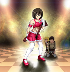 Rule 34 | 1girl, 2boys, abs, armin arlert, clenched hands, corset, dress, eren yeager, fighting stance, gloves, idol, looking at viewer, mary janes, mikasa ackerman, multiple boys, red dress, scarf, shingeki no kyojin, shoes, short sleeves, standing, thighhighs, tk8d32, white thighhighs, zettai ryouiki