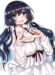 Rule 34 | 1girl, :d, black ribbon, blue eyes, blue hair, blush, breasts, cleavage, dress, hair between eyes, hair ribbon, hands up, heart, heart hands, large breasts, long hair, long sleeves, looking at viewer, low-tied long hair, low twintails, open mouth, osiimi, pleated dress, ribbon, round teeth, sash, short dress, simple background, smile, solo, teeth, twintails, white background, white dress, white ribbon