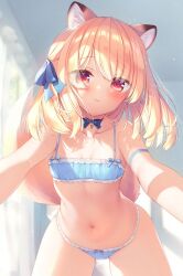 Rule 34 | 1girl, animal ear fluff, animal ears, bare arms, bare shoulders, bell, blonde hair, blue bow, blue bra, blue panties, blush, boku no risou no isekai seikatsu, bow, bow bra, bow panties, bra, breasts, chise (ichiri), closed mouth, collarbone, commentary request, fox ears, fox girl, fox tail, hair bow, highres, indoors, jingle bell, looking at viewer, navel, neck bell, panties, red eyes, sazaki ichiri, small breasts, smile, solo, tail, underwear, underwear only