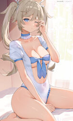 Rule 34 | 1girl, absurdres, barbara (genshin impact), bikini, blonde hair, blue eyes, blush, breasts, choker, covered navel, drill hair, frilled bikini, frills, genshin impact, hair ornament, highres, large breasts, long hair, looking at viewer, one-piece swimsuit, one eye closed, puffy short sleeves, puffy sleeves, rosumerii, short sleeves, solo, swimsuit, thighs, twin drills, twintails