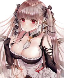 Rule 34 | 1girl, absurdres, azur lane, bare shoulders, between breasts, black dress, black nails, blush, breasts, cleavage, dress, earrings, flight deck, formidable (azur lane), frilled dress, frills, grey hair, hair ribbon, highres, jewelry, large breasts, long hair, long sleeves, looking at viewer, nail polish, parum39, red eyes, ribbon, rigging, solo, twintails, two-tone dress, two-tone ribbon, upper body, very long hair