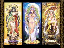 Rule 34 | 3girls, absurdly long hair, bare shoulders, blunt bangs, breasts, buddhism, chrysanthemum print, cleavage, crown, daffodil, floral print, flower, full moon, hat, highres, holding, holding umbrella, jewelry, large breasts, long hair, looking at viewer, medium breasts, mini hat, mini top hat, moon, multiple girls, navel, necklace, original, plantar flexion, revealing clothes, sitting, smile, staff, standing, sword, thighs, top hat, umbrella, very long hair, weapon, yellow hat, yuuki kira