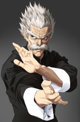 Rule 34 | 1boy, bang (one-punch man), black background, facial hair, fighting stance, grey background, grey eyes, grey hair, highres, long sleeves, manly, mustache, old, old man, one-punch man, shirt, short hair, solo, taka (takahirokun), white hair