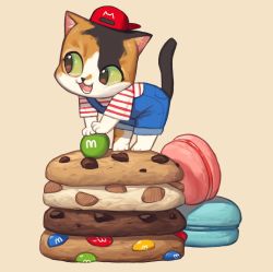 Rule 34 | backwards hat, baseball cap, black eyes, blue overalls, brown background, cat, chocolate chip cookie, colored sclera, cookie, food, green sclera, hat, highres, leaning forward, m&amp;m&#039;s, macaron, no humans, open mouth, original, overalls, red hat, rinotuna, shadow, shirt, short sleeves, simple background, smile, solo, striped clothes, striped shirt