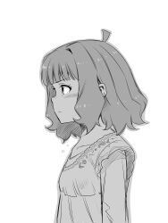 Rule 34 | 1girl, ahoge, blush, closed mouth, collarbone, commentary request, dress, flat chest, floral print, greyscale, highres, idolmaster, idolmaster million live!, long sleeves, looking ahead, matcha kingyo, medium hair, monochrome, profile, serious, sidelocks, solo, suou momoko, tearing up, tears, upper body, wavy hair, white background