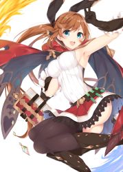 Rule 34 | &gt;:d, 10s, 1girl, :d, black gloves, black thighhighs, blue eyes, blue gk, blush, book, breasts, brown hair, cape, clarisse (granblue fantasy), gloves, granblue fantasy, hair ribbon, large breasts, long hair, looking at viewer, open mouth, ponytail, ribbed shirt, ribbon, shirt, simple background, skirt, smile, solo, thighhighs, thighs, v, v-shaped eyebrows, white background