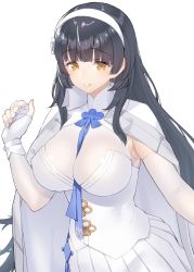 Rule 34 | 1girl, absurdres, arm up, between breasts, black hair, blunt bangs, breasts, cape, fingerless gloves, flower, girls&#039; frontline, gloves, hair flower, hair ornament, hairband, highres, large breasts, long hair, looking at viewer, parted lips, saruchitan, skirt, smile, solo, type 95 (girls&#039; frontline), upper body, very long hair, white gloves, white hairband, white skirt, yellow eyes