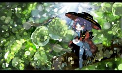 Rule 34 | 1girl, boots, bow, bowl, bowl hat, closed eyes, crossed legs, green background, grin, hand on own chin, hat, japanese clothes, kimono, leaf, letterboxed, long sleeves, mini person, minigirl, outdoors, pink hair, short hair, smile, solo, sukuna shinmyoumaru, touhou, waist bow, water drop, yt (wai-tei)