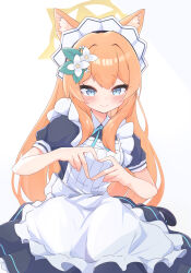 Rule 34 | 1girl, absurdres, alternate costume, animal ear fluff, animal ears, apron, black dress, blue archive, blue eyes, blush, cat ears, closed mouth, dress, enmaided, flower, frilled apron, frills, hair between eyes, hair flower, hair ornament, halo, heart, heart hands, highres, karupa (karupapon), long hair, looking at viewer, maid, maid apron, maid headdress, mari (blue archive), orange hair, puffy short sleeves, puffy sleeves, short sleeves, simple background, smile, solo, white apron, white background, white flower, yellow halo