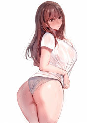 Rule 34 | 1girl, amane ruri, ass, blush, breasts, brown eyes, brown hair, closed mouth, commentary, curvy, from behind, grey panties, highres, lace, lace-trimmed panties, lace trim, large breasts, leaning forward, light frown, long hair, looking at viewer, looking back, no pants, original, panties, see-through, shirt, short sleeves, simple background, solo, standing, t-shirt, underwear, wedgie, wet, white background, white shirt