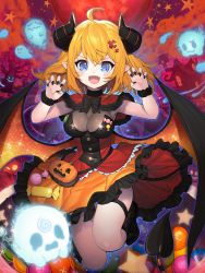 Rule 34 | 1girl, :d, ahoge, bare tree, black bow, black footwear, black nails, black socks, black wings, blonde hair, blue eyes, blush stickers, bow, breasts, building, candy, capelet, claw pose, cleavage, commentary request, curled horns, demon girl, demon horns, demon tail, demon wings, fang, fingernails, food, frilled skirt, frills, full moon, ghost, hair between eyes, hair ornament, halloween, hands up, highres, horns, jack-o&#039;-lantern, kneehighs, kuang (kzhw7588), lace, lace legwear, large breasts, looking at viewer, moon, nail polish, open mouth, orange skirt, orange wings, original, pleated skirt, pointy ears, red capelet, red moon, red shirt, scrunchie, shirt, shoes, skirt, smile, socks, solo, star (symbol), strapless, tail, tombstone, tree, wings, wrist scrunchie, x hair ornament