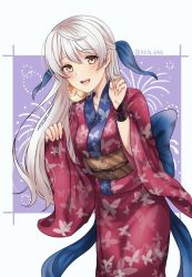 Rule 34 | 1girl, animal, animal on shoulder, animal print, bell, bird, bird on shoulder, bridal gauntlets, bug, butterfly, butterfly print, commentary request, feet out of frame, fire emblem, fire emblem: radiant dawn, fire emblem heroes, insect, japanese clothes, kimono, long hair, looking at viewer, micaiah (fire emblem), nintendo, obi, official alternate costume, parted lips, sash, shimizu akina, silver hair, smile, standing, wide sleeves, yellow eyes, yukata, yune (fire emblem)