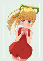 Rule 34 | 1girl, blonde hair, blunt bangs, blush, clenched hand, commentary request, cowboy shot, dot nose, dress, green background, green ribbon, hair ribbon, inset border, looking at viewer, m ko (maxft2), mega man (series), open mouth, partial commentary, polka dot, polka dot background, ponytail, red dress, ribbon, roll (mega man), solo, standing